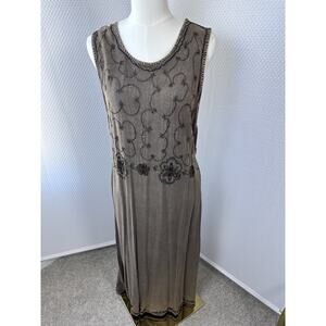 MPH Y2k Boho Grunge Mocha Dress Embroidered Long LARGE XL Rayon